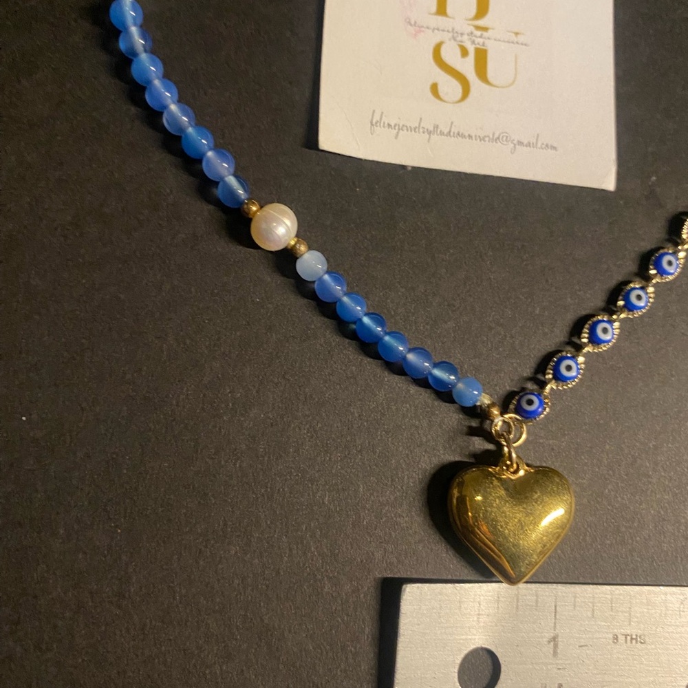 Titanium Gold Heart Pendant Necklace with Blue Onyx